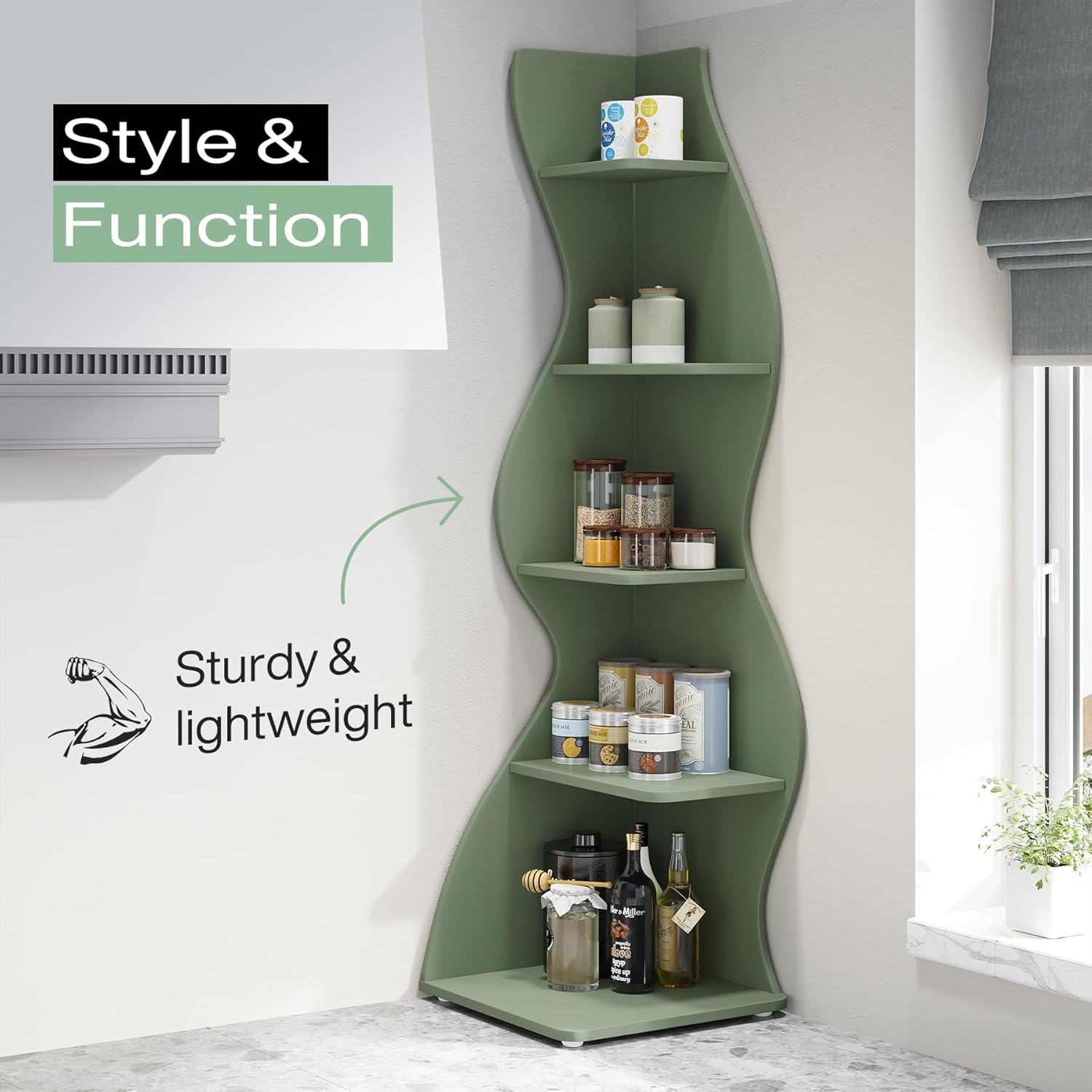 Tribesigns Corner Shelf, Modern 5-Tier Wall Corner Bookshelf, Stylish Corner Small Bookcase Storage Rack Plant Stand with Unique Shape for Living Room, Home - Image 3