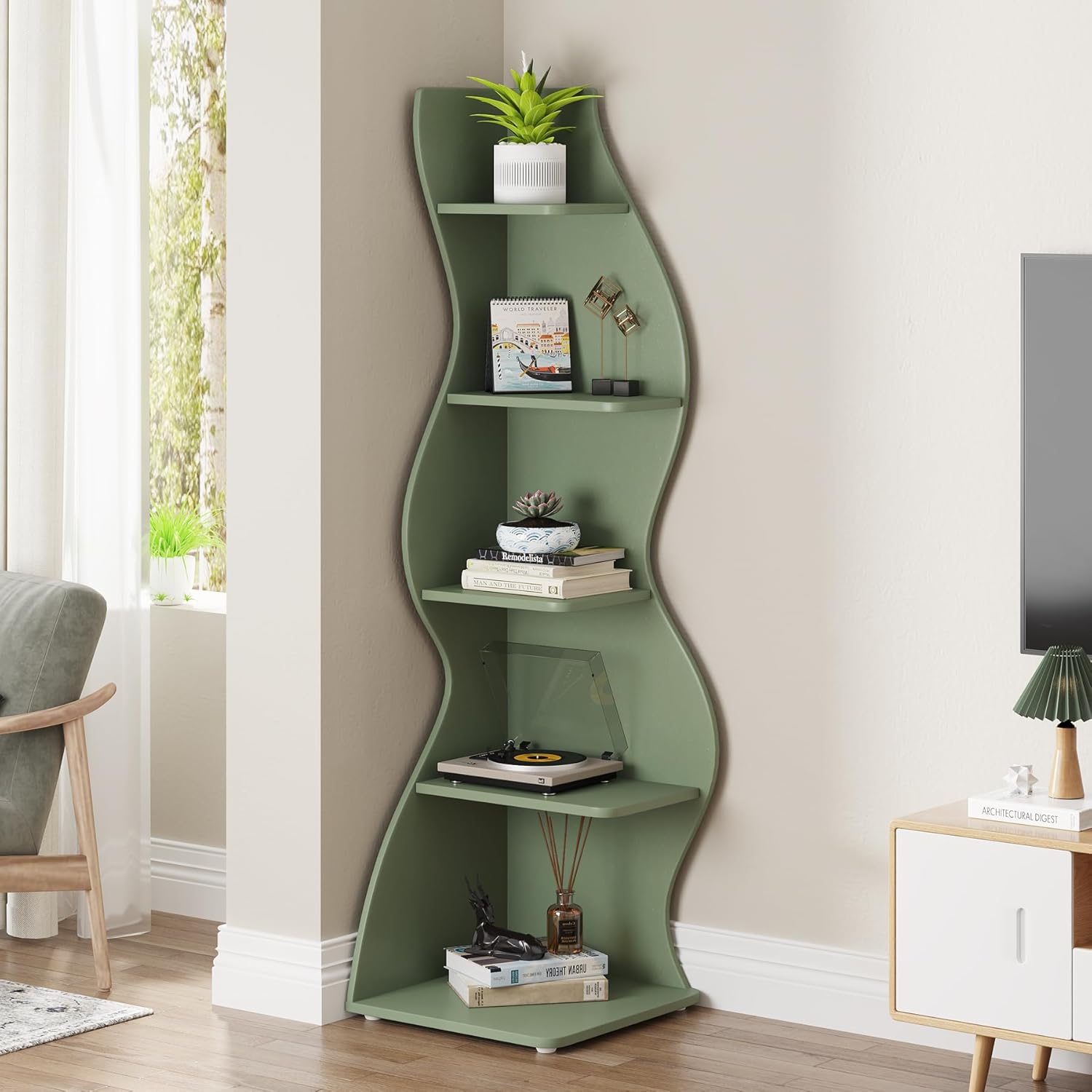 Tribesigns Corner Shelf, Modern 5-Tier Wall Corner Bookshelf, Stylish Corner Small Bookcase Storage Rack Plant Stand with Unique Shape for Living Room, Home - Image 5