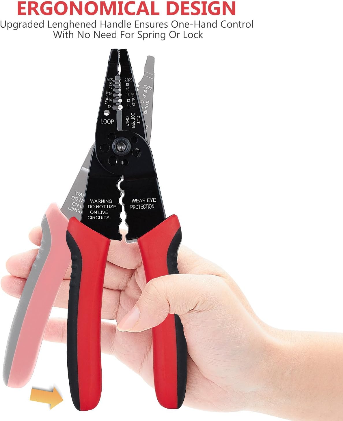 WGGE WG-015 Professional 8-inch Wire StripperCrimping Tool, Cable CutterCrimper, Wiring and Multi-Function Hand Tool, Red With Black - Image 4