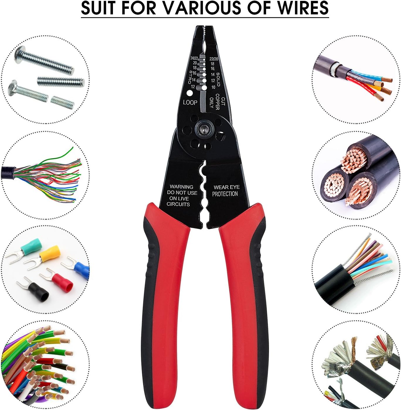 WGGE WG-015 Professional 8-inch Wire StripperCrimping Tool, Cable CutterCrimper, Wiring and Multi-Function Hand Tool, Red With Black - Image 6