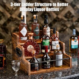 KLM Liquor Bottle Display Shelf, Coffee Syrup Rack Organizer, 3 Step Countertop Wine Rack, Mini Bar, Retro Bar Shelf Stand for Whiskey, Spirits